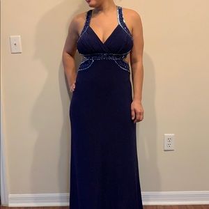 Midnight blue backless beaded dress
